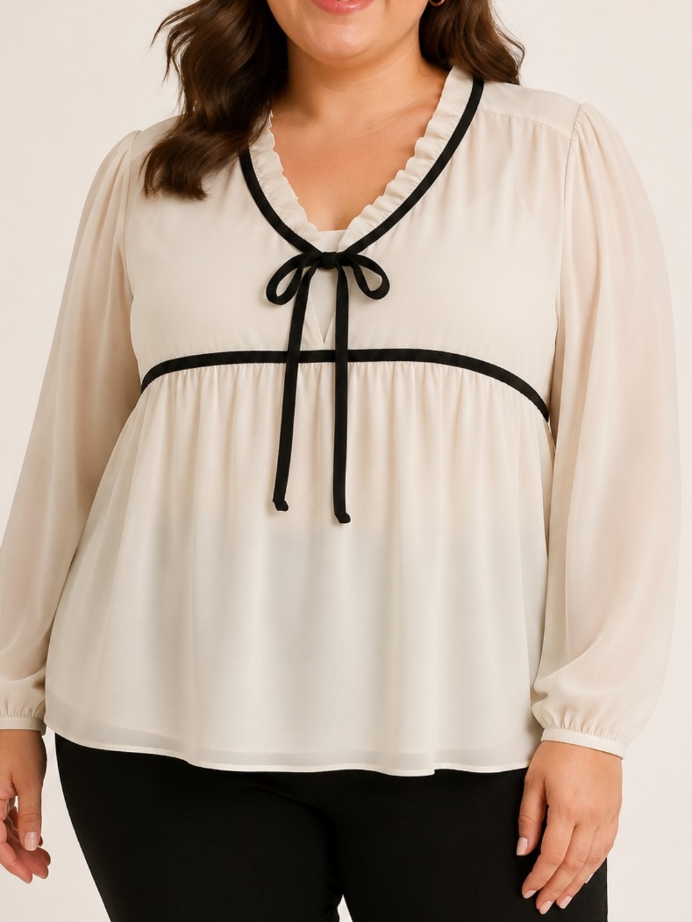 J.Crew Ivory Black Velvet Tie Ruffle Neck Sheer Blouse XXL